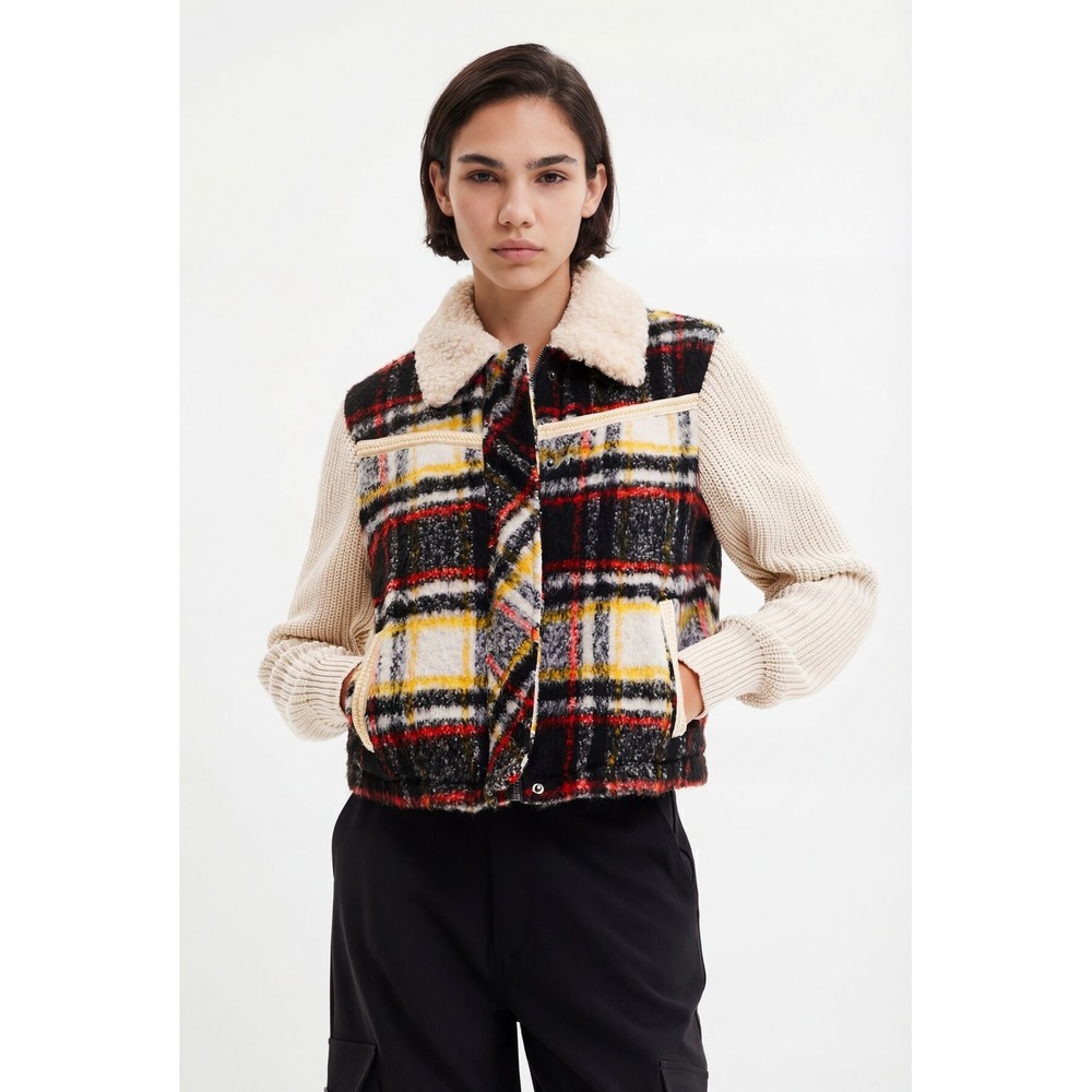 Desigual Fleece Trucker Plaid Mixed Media Jacket Knit Sleeves